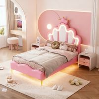 Pergar – Lit enfant princesse 90x200 cm – Design couronne ludique – PU hypoallergénique – Sommier à lattes – Capacité 150 kg – LED réglables