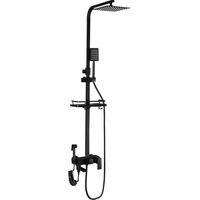 Columna de ducha termostática 4 en 1 - Conjunto con alcachofa de lluvia cuadrada, teleducha y rociador para bidé, sistema de altura ajustable con estante