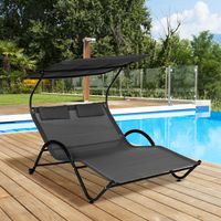 Transat bain de soleil avec auvent, coussin et roues, chaise longue en acier et polyester gris anthracite