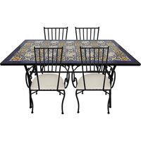 Ensemble table et chaise de jardin 5 pièces – 4 chaises avec coussins – Table en mosaïque décorative – Cadre métallique noir durable – AXI