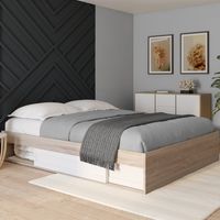 Somier SALEM con almacenaje y base de 160 x 200 cm efecto madera y blanco