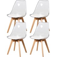 4 Chaises Tulipes Salle à Manger Scandinaves Bm Home Salle de Bureau, Pieds Bois de Hêtre Massif, Transparente, Assise Blanche