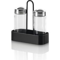 Set Salz und schwarzer Pfeffer mit Glasbehältern und Metallhalterung
