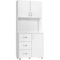 Credenza da Cucina e Soggiorno, Credenza Moderna Bianco, 2 Armadietti, Mensole Regolabili, 1 Ripiano Aperto e 3 Cassetti, 80x39.5x183.5cm