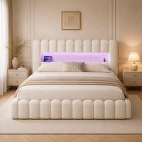 Lit coffre 180x200 cm beige avec sommier, Lit double rembourrée en lin avec rangement hydraulique, LED et USB
