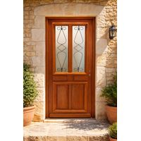 Puerta de entrada de madera con vidrio Baya, H.215xL.90 cm, lado del tablero, izquierda, pomo, bombín, botón, GD MENUISERIES