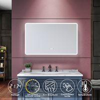 SIRHONA Espejo de Baño 100x60cm con Luz LED Espejo Pared Antivaho con Reloj ,Tres Temperaturas de Color Adjustable