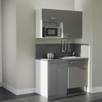 Kitchenette K07L-PT - 120 cm - plan stratifié, évier inox, - Façade Gris - Plan Gris béton - Evier Inox - Crédences Oui + Electroménager inclus coloris Inox