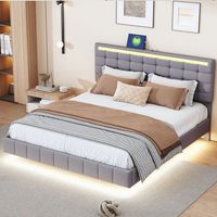 Doppelbett gepolstert - TANANT - 160x200 cm - Verstellbares Kopfteil - Integrierte LED - Grau