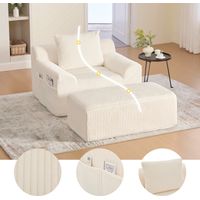 Extra großer Einzel-Cord-Sessel mit Fußstütze, Seitentaschen und Kissen einzeln verpackter, rahmenloser Sessel mit weicher Polsterung montagefrei, ideal zum Entspannen oder Lesen (beige cord)