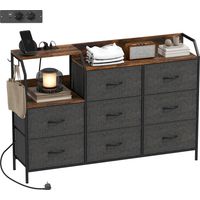 Commode à 8 tiroirs en tissu, structure en acier, station de recharge, marron rustique et noir idéal pour salon, chambre à coucher ou bureau facile à assembler avec instructions incluses