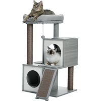 Pawz Road – Arbre à chat en bois 89 cm – 2 condos douillets – Griffoir sisal et pompon suspendu – Panier supérieur spacieux pour 2 chats