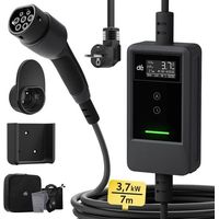 Câble de recharge voiture électrique Type 2 7m – Chargeur 3,7kW avec réglage 6/8/10/13/16A – Écran LCD – Support mural inclus