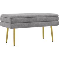 Banc banquette coffre de rangement 2 en 1 assise aspect velours et pieds acier - 79.5L x 37.5P x 43H cm gris et doré