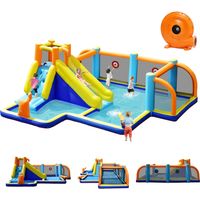 GOPLUS Château Gonflable avec Souffleur 680W,Structure Gonflable avec Toboggan Aquatique,Mur d’Escalade,Piscine,Terrain de Football Jeu de Flechettes pour Enfants de 3-12 Ans 500x465x200cm