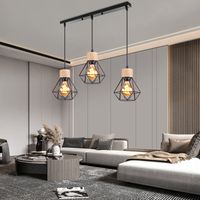 Axhup – Lustre suspension 3 lumières en métal et bois – Plafonnier industriel rétro noir – Douille E27 – Dimensions Ø16x17cm, câble 100cm réglable