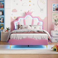 Lit Fille Princesse 140x190cm, en Forme de Couronne,Lit Enfant avec Tête lits réglable, lit Fille simple avec sommier, 140x190cm LED Lit Enfant pour Ado et Fille,Blanc+Rose PU, sans Matelas
