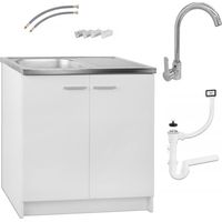 Meuble sous évier 80 cm – Évier en acier inoxydable – Robinet chromé 15 l/min – Finition blanche résistante à l'humidité