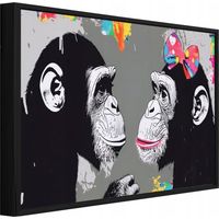 Leinwandbild Wandbild mit schwarzem Rahmen, Affen im Graffiti Street Art Stil, moderne Wanddeko für Wohnzimmer und Schlafzimmer, 60 x 40 cm