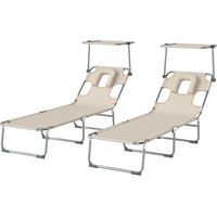 Lot de 2 Tumbonas plegables inclinables avec auvent 360°, trou facial, poche latérale, Textilène 550 g/m², Beige