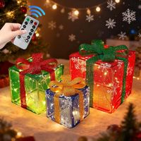 Juego de 3 cajas de regalo decorativas LED para Navidad, cajas de decoración navideña con control remoto, cajas de regalo navideñas LED que funcionan con pilas