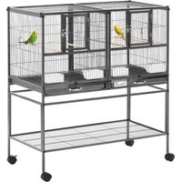 Doppia Gabbia per Uccelli in Metallo di Alta Qualità con Vassoi Estraibili, Supporto Stabile con 4 Ruote e Ripiano, 95x45.5x102cm, Nero Grigio