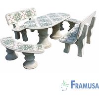 CONJUNTO COMEDOR PIEDRA OVALADO JARDIN OLMO ZAHAR CON AZULEJOS OCRE