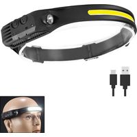 Lampe frontale LED rechargeable, lampe pour casque de chantier, lampe frontale à bandeau, frontale COB pour adultes (plein air, camping, course à pied)