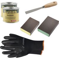 Grilith Holzkitt - Reparaturpaste Spachtelmasse, ideal zur Holzreparatur mit Schleifblöcke K220 & K320 und Spachtel, schwarz/weiß 2x200ml