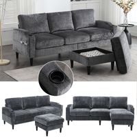 Elegante divano con pouf e vano contenitore – 4 posti con comodi braccioli, portabicchieri, tasche laterali e robusti piedini in plastica, rivestimento in velluto per un comfort delicato sulla pelle.