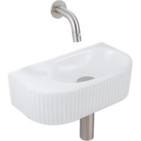 QeramiQ Fuente Ensemble de Lavabo - 40x21.5x12cm - strié - demi-rond - céramique - ensemble de robinet en acier inoxydable brossé - bouchon de vidange