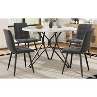 Lot de table ronde 100 cm + 4 chaises gris lin, salle à manger moderne, pieds acier noir, plateau MDF effet marbre