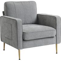 Fauteuil en tissu gris avec pochettes latérales, pieds en acier doré