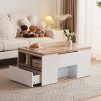 REDOM Table basse 100x51x47 cm relevable double plateau panneau de particules grande capacité blanc et couleur naturelle