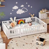 Montessori Lit de sol pour enfant 120x200 cm en Bois Massif Pin,Lit Caban avec Sommier à Lattes,Lit Simple 120x200 cm,Montessori Lit pour enfant en Bois Massif Pin,garçons et filles,Blanc