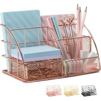 Desk Organizer - Mesh Desk Tray with 5 Compartments and 1 Sliding Drawer - Rose Gold Finish - Office Desk Accessories