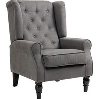 Fauteuil à oreilles de style vintage, fauteuil de lecture, fauteuil d'appoint, pieds en bois, capitonnage à boutons, gris et noir