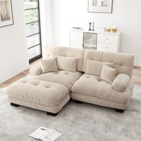 Neche – Canapé d'angle modulable 2 places – Tissu chenille vintage – Cadre en bois massif – 2 coussins lombaires et déco – Repose-pieds amovibles – Beige