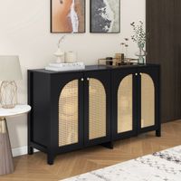 Aparador con cuatro puertas de ratán y tiradores metálicos Ideal negro para comedor salón o cocina