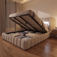 Lit coffre double 160x200 cm avec éclairage LED et USB, lit adulte capitonné en lin, moderne, Beige