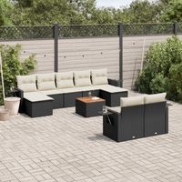 Ensemble jardin 10 places résine tressée noir avec coussins crème - Salon extérieur modulaire avec rangement et table acacia