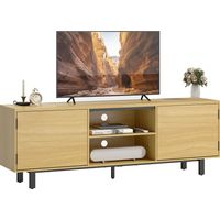 TV stand, TV cabinet up to 65 inches, 2 push-open doors and 2 shelves, 160x35x55.5cm, natural wood