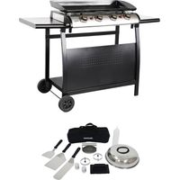 Plancha au gaz 4 brûleurs sur chariot - Porthos - 10kW. plancha à gaz avec desserte et ustensiles