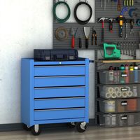 Carro de taller de 5 cajones con ruedas, de metal azul, 67,5 x 33 x 77 cm.