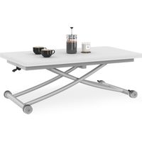 Idmarket – Table basse relevable extensible 114x100cm – Plateau blanc mat en MDF – Hauteur 22/75cm – Roulettes avec freins pour mobilité