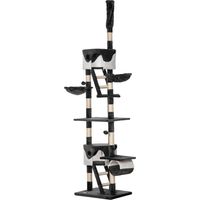 Tiragraffi per gatti a soffitto altezza regolabile 240-260 cm, albero multilivello con cucce, amache, scale, corde sisal, grigio scuro e bianco