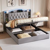Cama canapé 140x200 cm, cama doble 140x200 cm en terciopelo, con somier de láminas, cabecero LED luminoso, almacenaje abierto, puertos USB y Tipo C - Gris