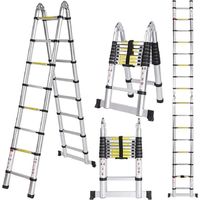 Échelle TéLescopique Marchepieds Escamotables avec Stabilisateur Ladder Pliable et Déployable Charge Maximale : 150KG - 5,0M (2,5M+2,5M)