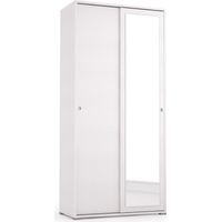 Armoire avec portes coulissantes, miroir, deux étagères et tube à linge blanc avec portes blanches