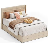 Cama Matrimonio Tapizada 140 x 200 cm Bealife con Canapé Hidráulico Cabecero Láminas de Madera y Estructura de Metal Beige